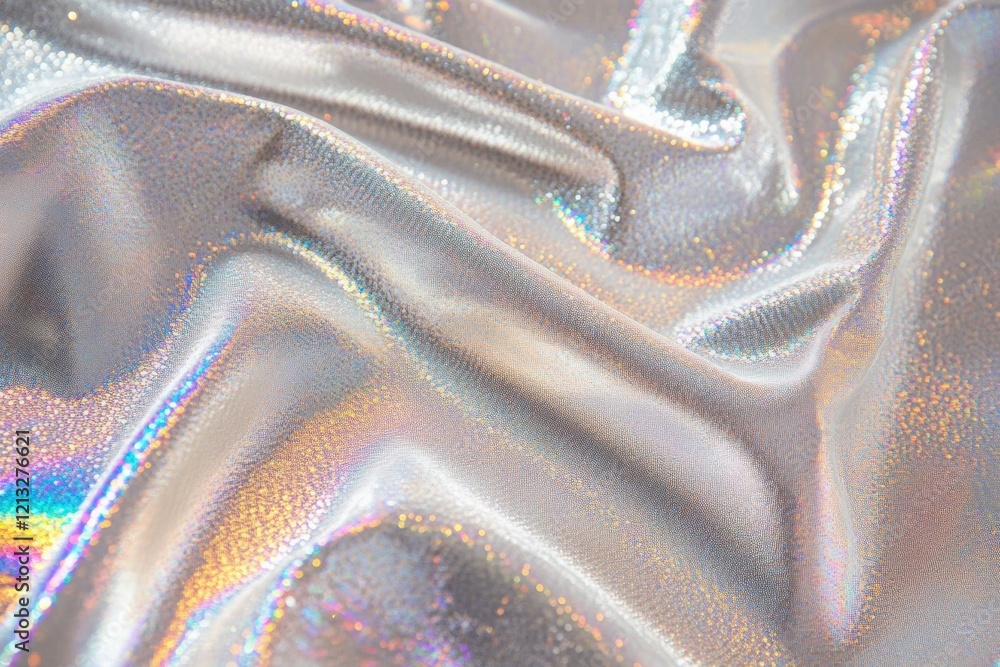 Poster close-up of a shimmering silver holographic fabric, creating a mesmerizing visual effect with its ir