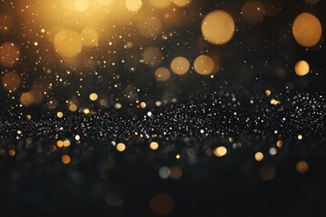Golden particles floating over black glittering background creating a magical bokeh effect