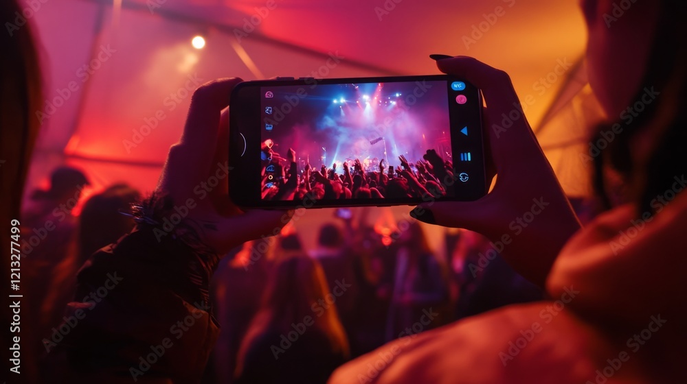Poster a person holds a smartphone to record a lively concert, with a cheering crowd and colorful lights in