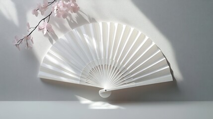 Elegant White Hand Fan in Modernist Art Deco Style on White Background