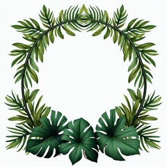 Exotic tropical leaves and vines arranged in a wreath, set against a white background
