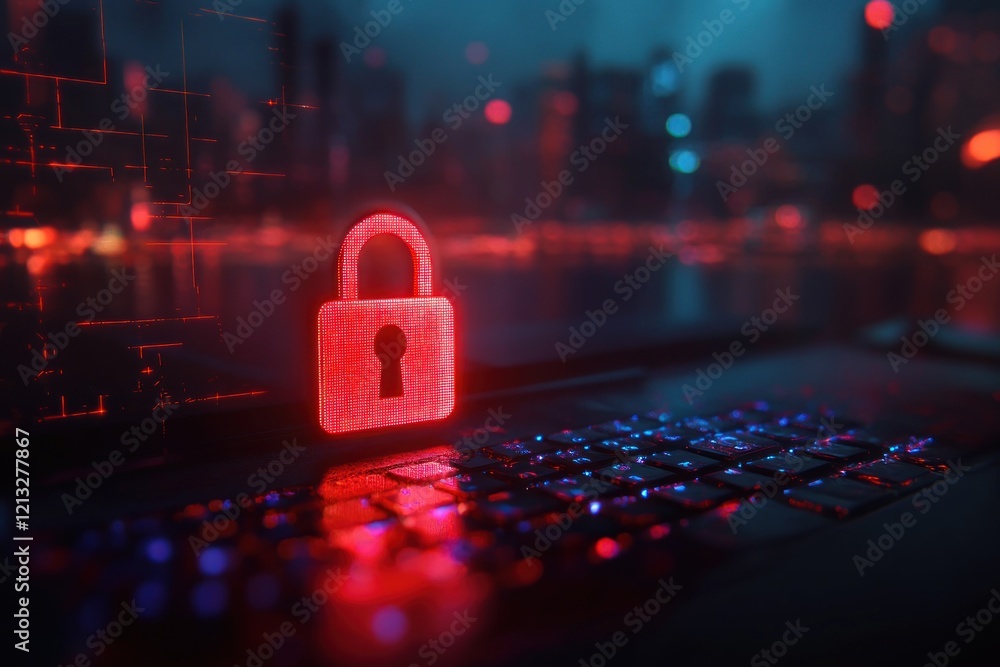 Poster cybersecurity alert warning of hacked system with broken padlock in futuristic city cyberpunk