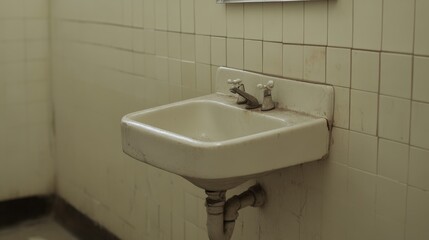 Fototapeta premium Old, worn porcelain sink in a restroom with aged tile.