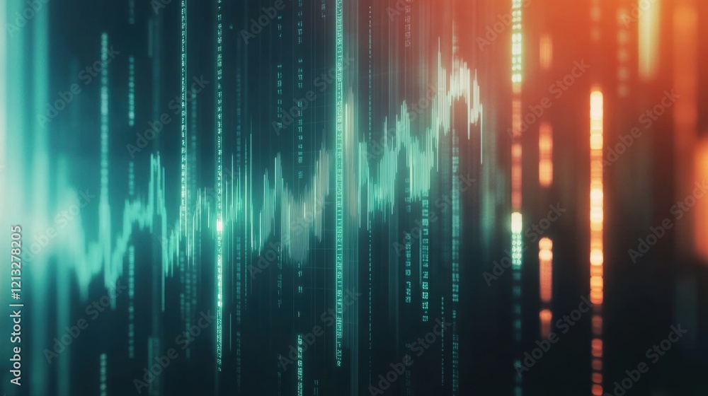 Poster glowing lines of financial data move across a dark background with columns of numbers