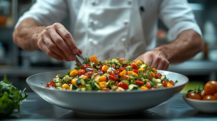 Chef preparing a vibrant and colorful vegetable salad in a restaurant kitchen