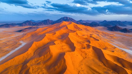 Fototapeta premium Aerial view of majestic orange sand dunes at sunrise, mountains in background.