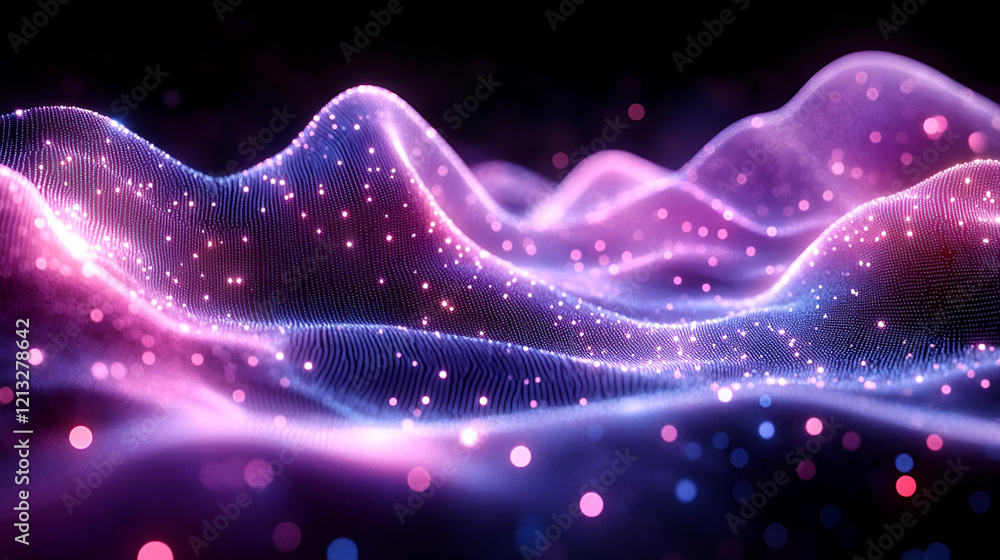 Poster abstract pink purple particle wave background. futuristic digital design with glowing particles and 