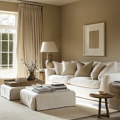Elegant living room, beige sofa, natural light, garden view, home decor