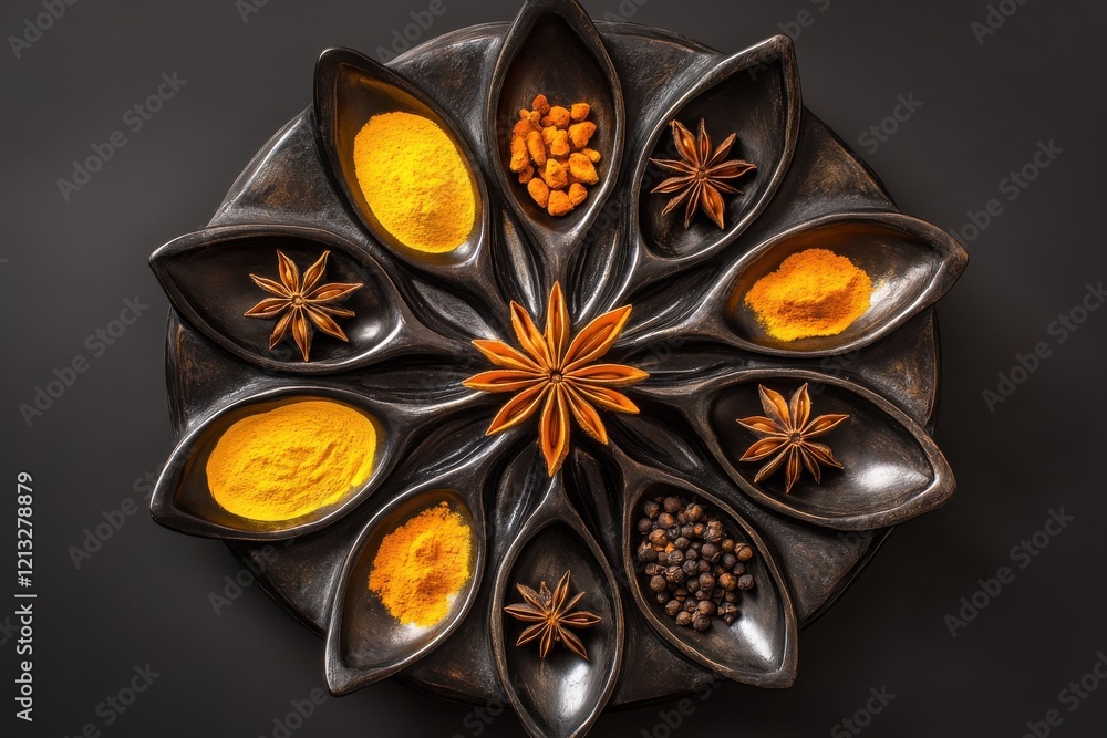 Poster aerial view of an artistic arrangement of rustic spoons filled with colorful spices including star a