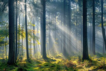 Sunbeams pierce misty autumn forest, nature background