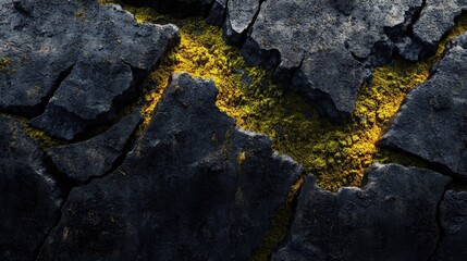 Sunlit lichen in cracked rock texture, nature background, design element