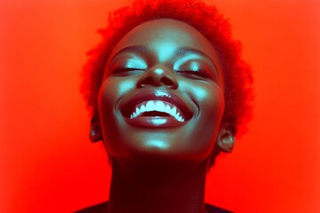 Gorgeous happy black girl - for ads, print ad ad and social platforms use. Commercial promotion pattern. Short haircut - highlighted hair. Black girl lifestyle. Elegant black woman concept.