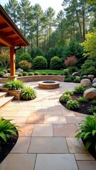 Serene outdoor space with stone patio, fire pit, and lush greenery