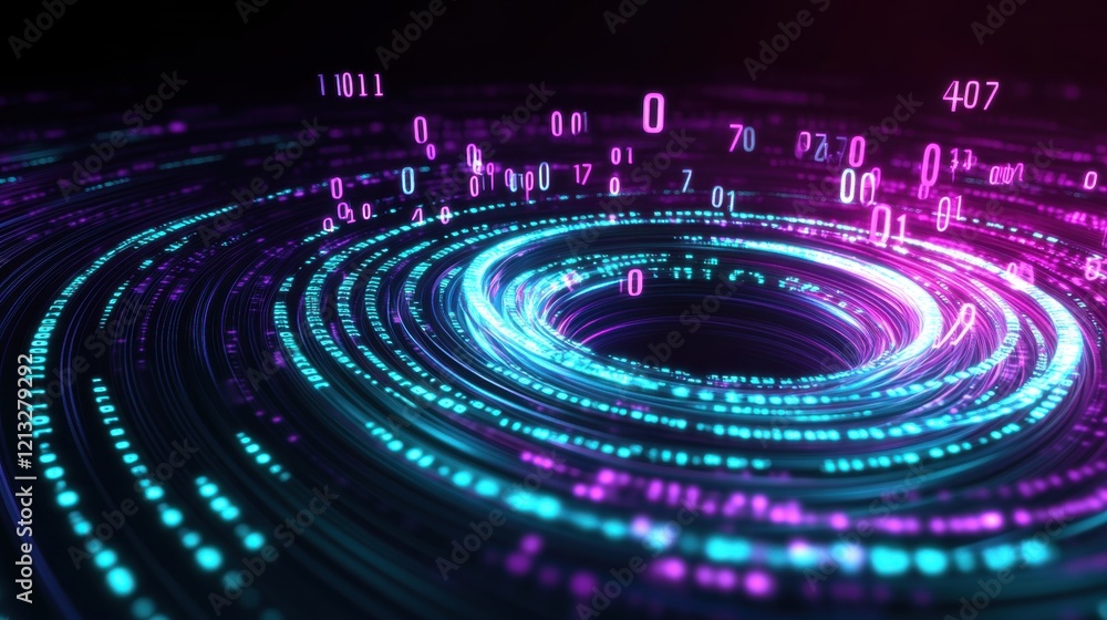 Poster futuristic neon swirling vortex with binary code creating a technological background, ideal for digi
