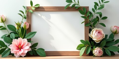 A delicate pink flower blooms in a wooden frame, surrounded by lush green leaves and a crisp white background