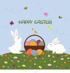 Easter card. Bunny stand near a basket with Easter eggs in a spring meadow. Butterflies and bees fly around. Vector illustration