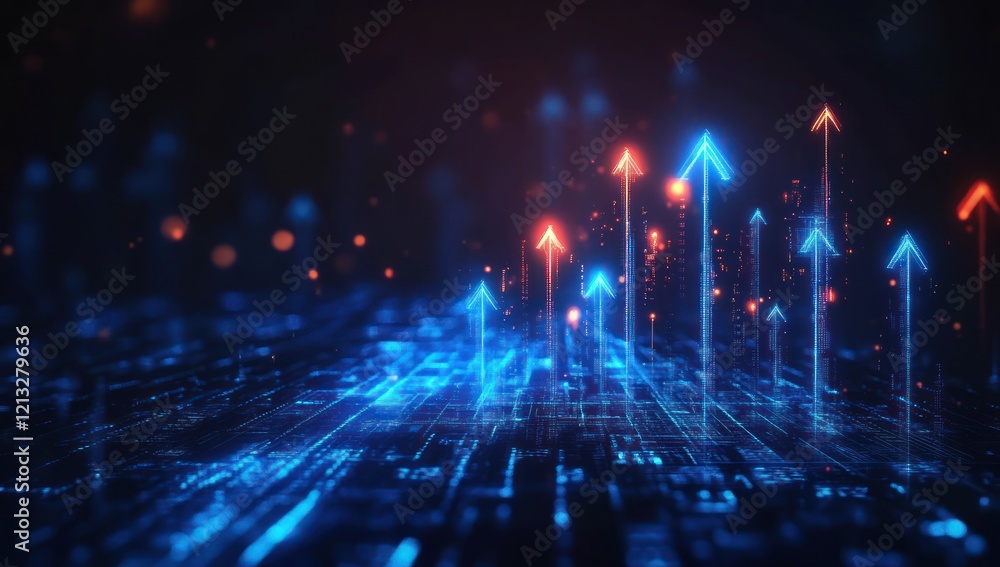 Poster futuristic data visualization with upward arrows and cyberpunk design in blue lights on dark gradien