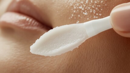 Woman's face, close-up, applying exfoliating cream, spa background
