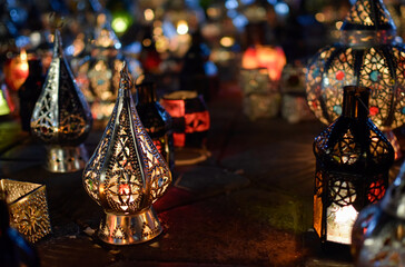 Beautiful Arabic style lamps illuminated in the night at Marrakech famous square