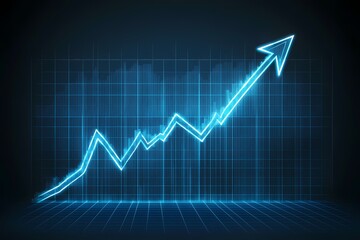 Glowing blue financial growth arrow chart on dark background.