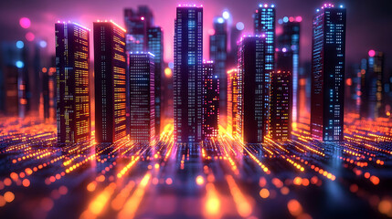 Vibrant Futuristic Cityscape at Night with Neon Lights and Glowing Buildings