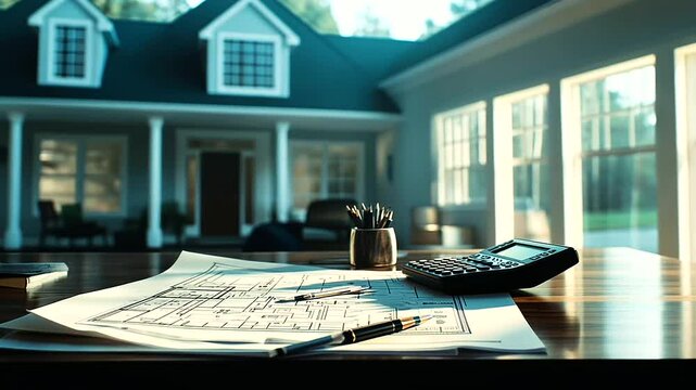 An architect reviewing a large house blueprint on a desk covered with rulers, calculators, and cost sheets in a bright, modern office.