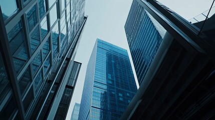 Low-angle city skyscrapers, modern architecture, urban scene, business district, background pedestrian bridge, for finance