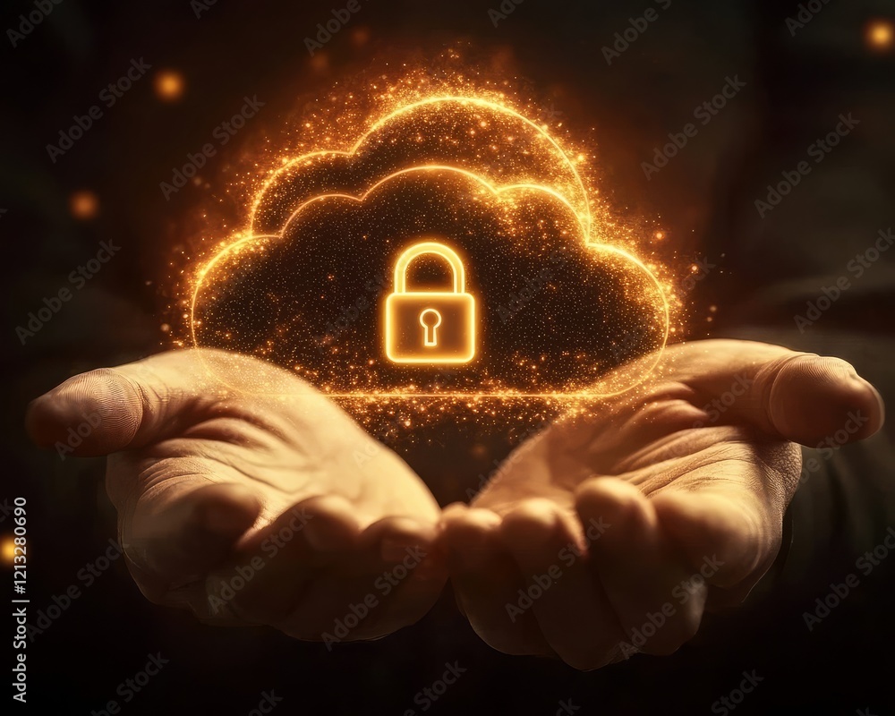 Poster emphasizing the importance of secure cloud services with a hand-held lock.