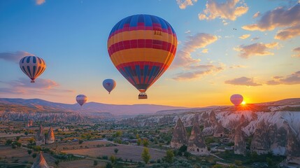 Fototapeta premium breathtaking landscapes of Cappadocia with colorful hot air balloons with dramatic sunset sky in Cappadocia, Turkey.