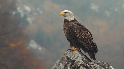 Obraz premium Majestic bald eagle perched on mountain rock, overlooking autumn valley; wildlife, nature photography