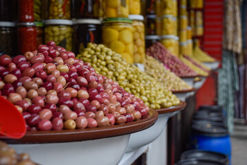 Different Olives displayed in local market with pickle jars in background
