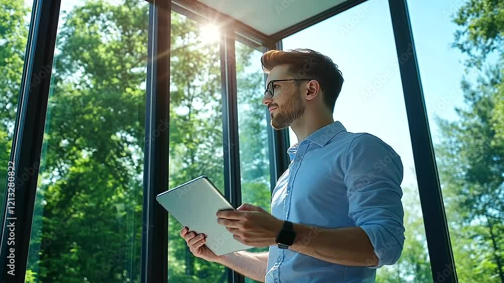 Poster an architect standing near a large window, comparing a house blueprint with construction cost estima