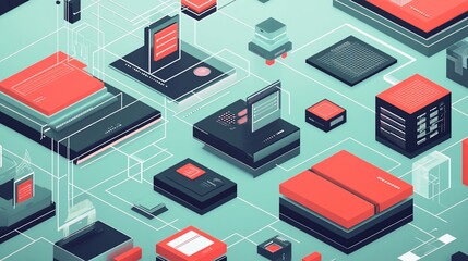 Obraz premium Digital Data Network Flow, Isometric, Server, Background, Technology