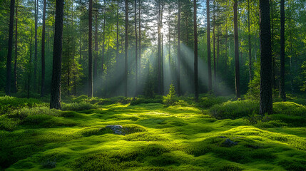 Sunbeams Illuminate Lush Green Forest Floor with Moss