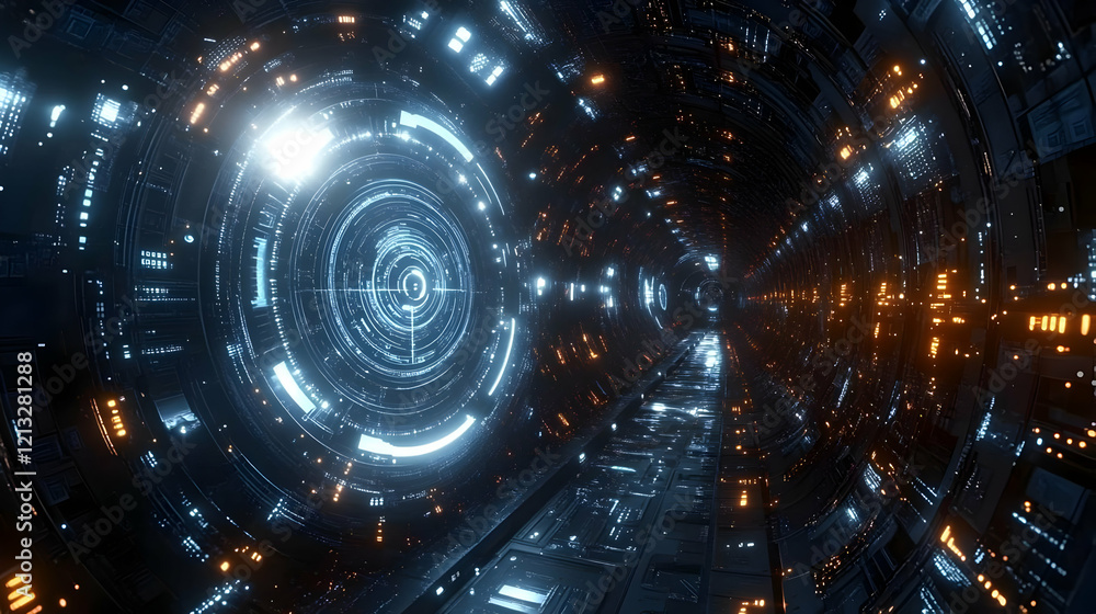 Poster abstract futuristic tunnel with glowing particles and digital interface elements