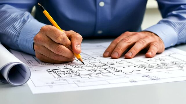A meticulous architect reviewing a blueprint with a pencil in hand, surrounded by floor plans and construction budget sheets in a clean office.
