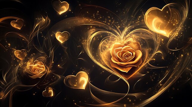 Sparkling hearts, golden roses, and abstract swirling patterns forming a romantic design on a dark backdrop