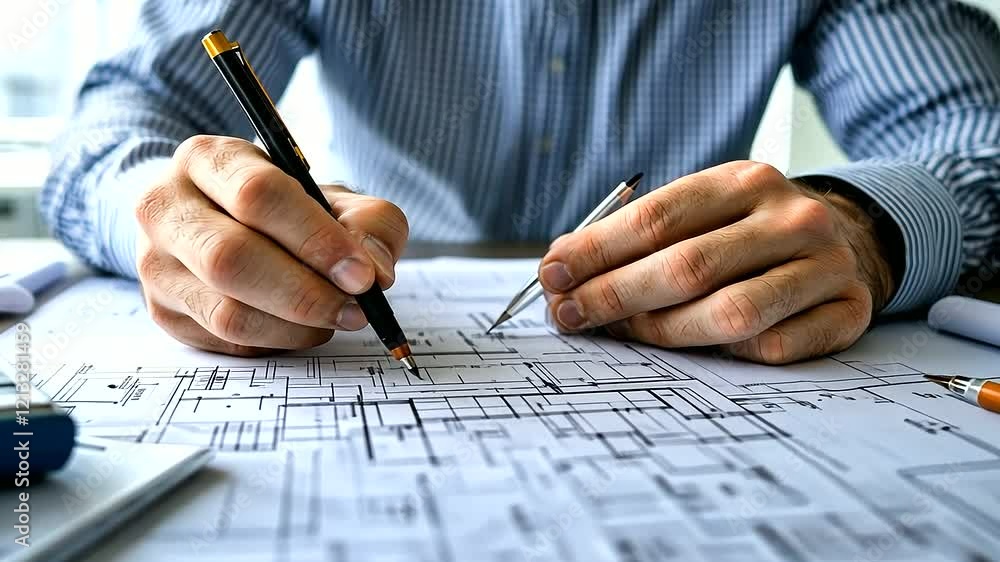 Poster an architect intently examining a blueprint, surrounded by cost analysis documents and a scale model