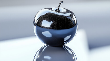 Elegant black apple on a reflective surface, symbolizing sophistication and modern design, perfect for luxury branding and creative projects.
