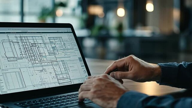 An architect at a large table, pointing to key areas on a blueprint while referencing a spreadsheet of construction costs on their laptop.