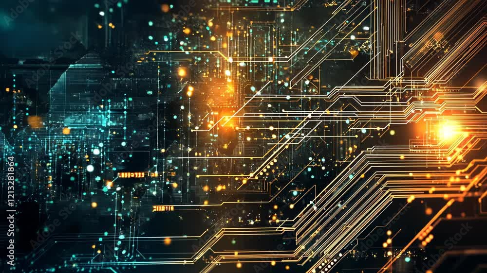 Poster exploring the mesmerizing interplay of light and circuitry in a digital landscape of innovation and 