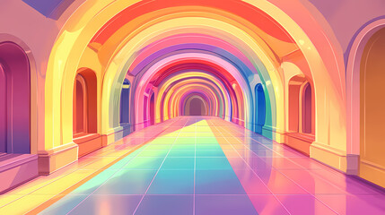 Colorful neon rainbow archway interior. Rainbow Archway. Illustration