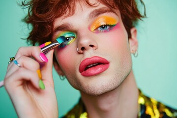 Close-up of a man applying vibrant colorful eyeshadow with a brush