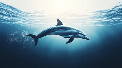 Naklejka premium Impressive Dolphin Swimming in Clear Blue Water - Centered Composition