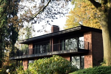 A contemporary brick house featuring a charming balcony is nestled amidst vibrant greenery, showcasing the beauty of autumn during a peaceful afternoon in a tranquil neighborhood
