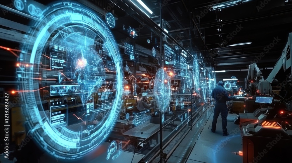 Poster monitoring operations in a high tech industrial control room, an engineer utilizes a futuristic digi