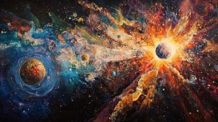 Cosmic explosion, planets, nebula, space art, vibrant colors, galaxy, digital painting, science fiction, wallpaper