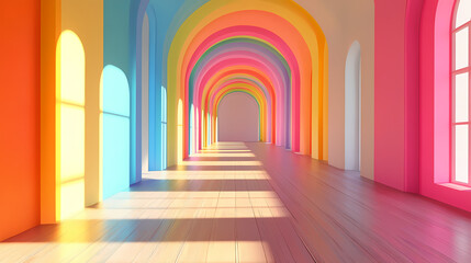 Colorful rainbow-themed room with archways creating tunnel effect. Rainbow Archway. Illustration