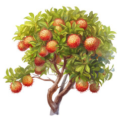 Rambutan Tree with Fruit – Handcrafted Watercolor Botanical Illustration, Exotic Fruit Tree Painting, Nature-Inspired Artwork, Lush and Vibrant Tropical Tree Design.  

