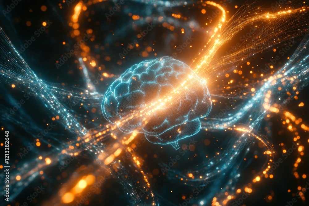 Poster 3d rendering of a digital brain with glowing blue and orange neural connections, symbolizing complex